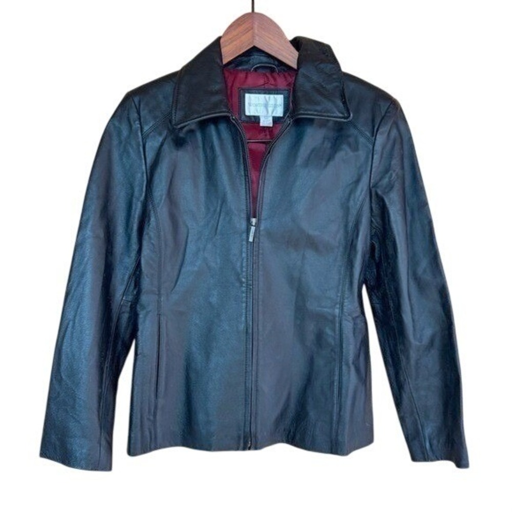 Worthington Leather Jacket Black Small Collar Red Lining Classy Minimalist Chic